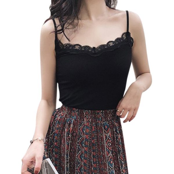 

women summer fashion casual tape lace decor slim fit female sleevelessall-match shoulder camisoles, White