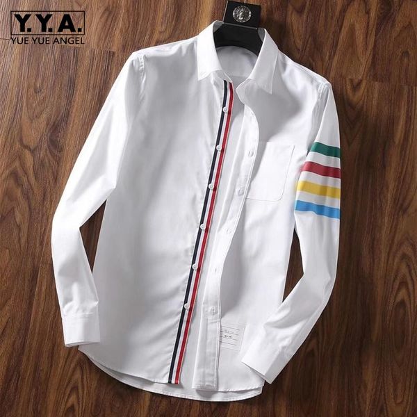 

spring new brand blue and white ribbon mens smart casual shirts slim fit long sleeve rainbow striped couple wear, White;black