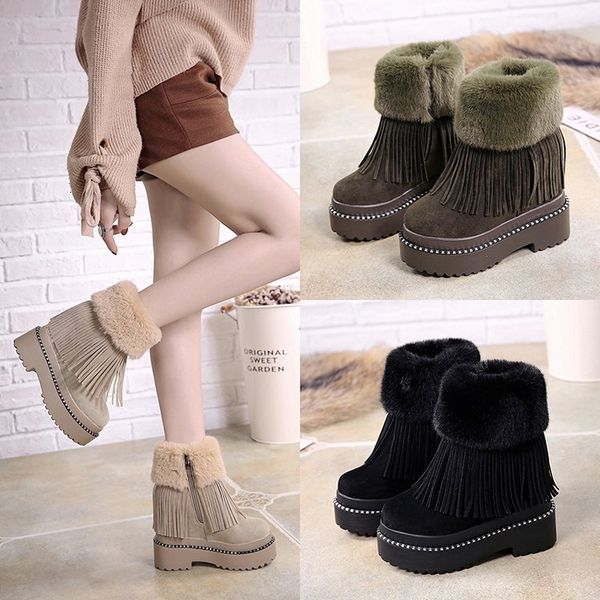 

autumn and winter new fringed boots women's thick bottom frosted short boots fur warm slope with snow, Black