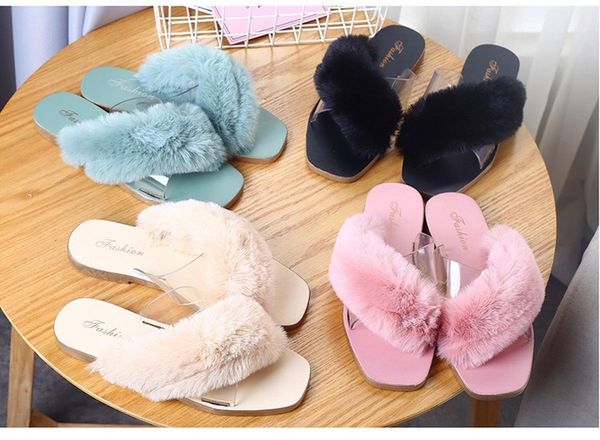 

winter cross shoes women home slippers warm faux fur ladies soft plush furry female open toe pvc fur slides fashion shoes, Black