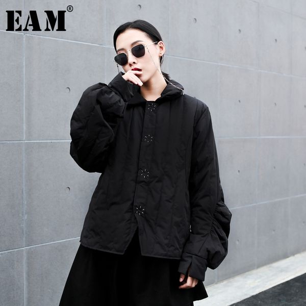 

eam] loose fit black split short warm down jacket new long sleeve warm women parkas fashion tide autumn winter 2020 1m665