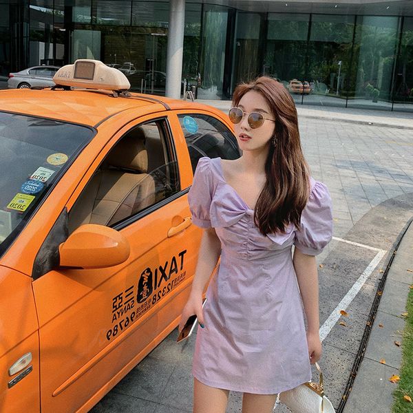 

super fairy palace style french first love dress female summer puff sleeve waist purple bow fairy skirt tide, Red