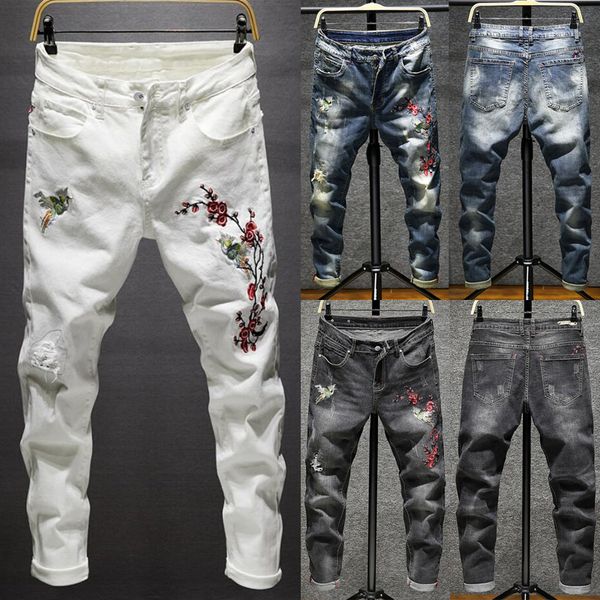 

men's jeans embroidered men skinny stretchy denim pant casual ripped frayed, Blue