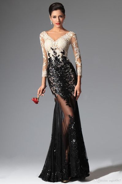 

2019 new sheer lace evening dresses black and white mermaid long sleeves evening prom dresses v neck sequins appliqued lace, Black;red