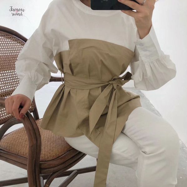 

blouse patchwork v neck piece female high waist up lantern long sleeve fake two set womens shirt korean fashion, White