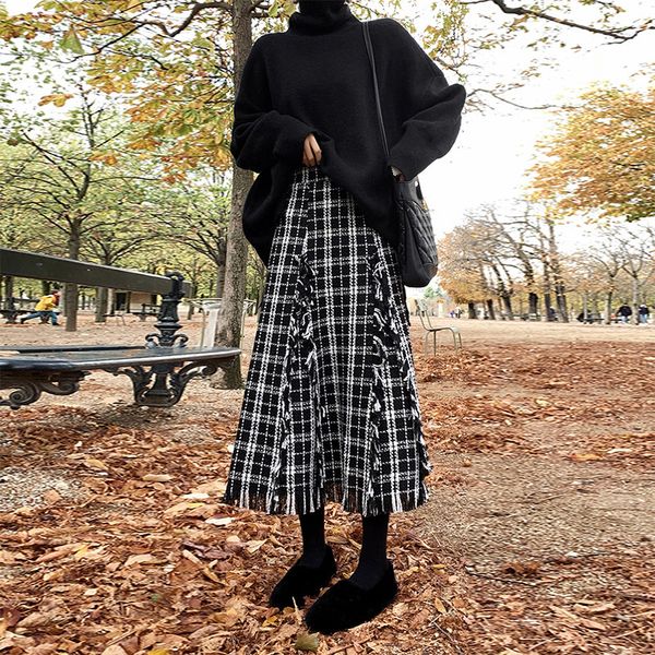 

bella philosophy elegant autumn winter skirt women empire wool tassels skirts plaid mid skirts 2019 casual ladies office skirt, Black