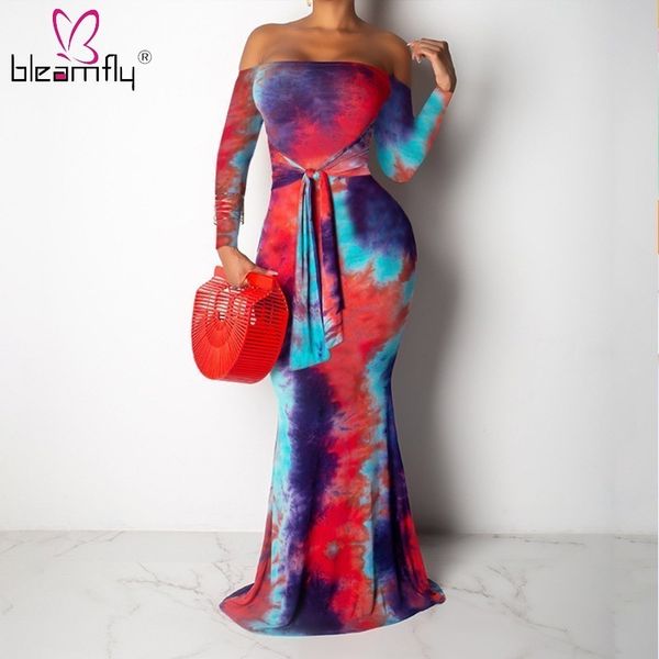 

tie dye print trumpet dress women off shoulder slash neck bodycon long sleeve elegant party dress high waist maxi floor vestidos, Black;pink
