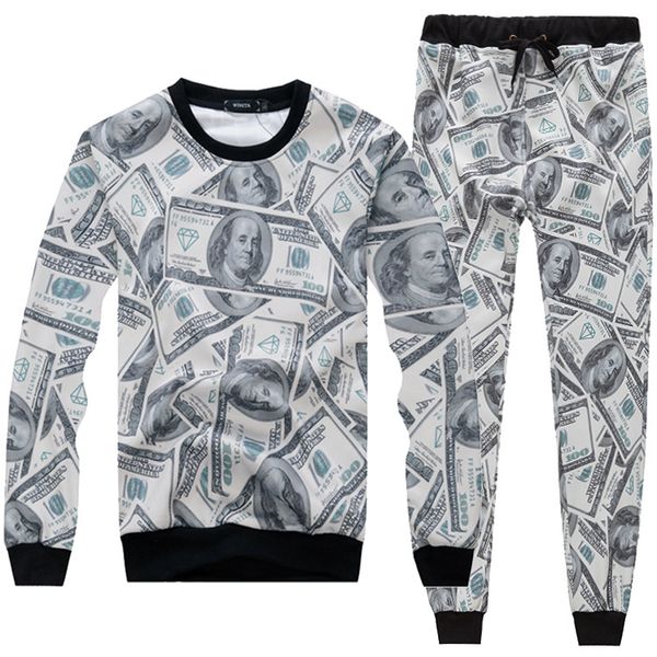 

смешной мода мужчины женщина денег долларов печать 3d hoodie + кальсоны унисекс костюмы emoji печатных бегуны техника фуфайки sweatpants set, Gray