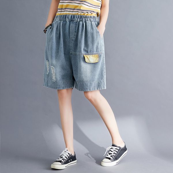 

vintage plus size hole denim shorts women summer loose high elastic waist pants student streetwear jeans ladies, Blue