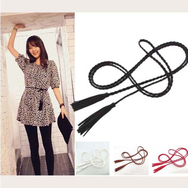 

female hand-knit long leather designer braid waist belt with tassel party belts cummerbunds string waistband accessories, Black;brown