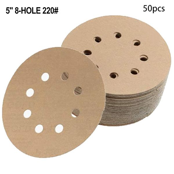 

5-inch 8-hole 220-grit dustless hook and loop sanding discs, 50-pack d90722