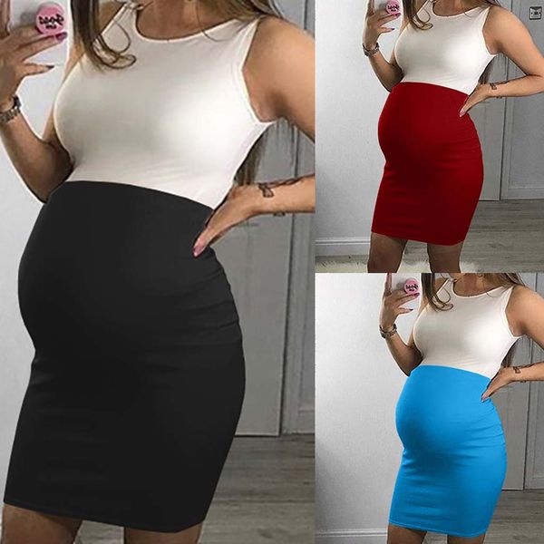 

2019 the new pregnant women sleeveless splice mini dress casual maternity dress, White
