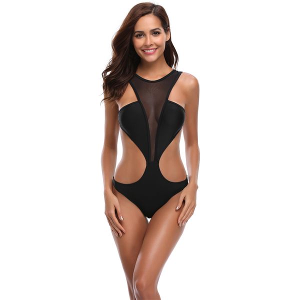 

womens one piece bathing suit black push up bikini set padded swimsuit deep v mesh swimwear cut out strappy backless swimming beachwear