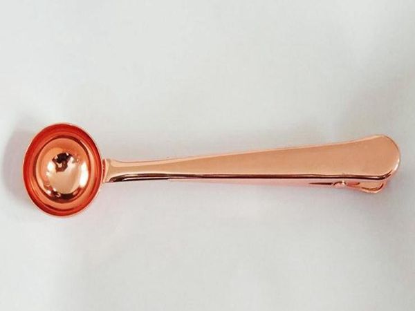100pcs / lot Luxo Rose Gold aço inoxidável de café colher de medição Com Saco grampo de selagem Tea Medida Colher ferramenta da cozinha