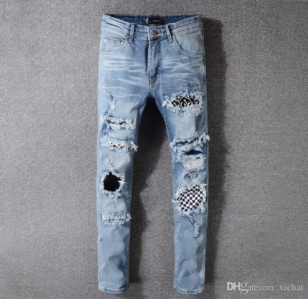 

mens ripped skinny light blue jeans fashion designer distressed slim fit motorcycle biker jeans hole beggar hip hop denim pants 538