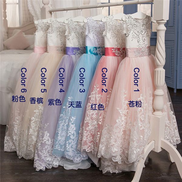 

flower girl dresses with bow beaded crystal lace up applique ball gown first communion dress for girls customized vestidos longo, Red;yellow