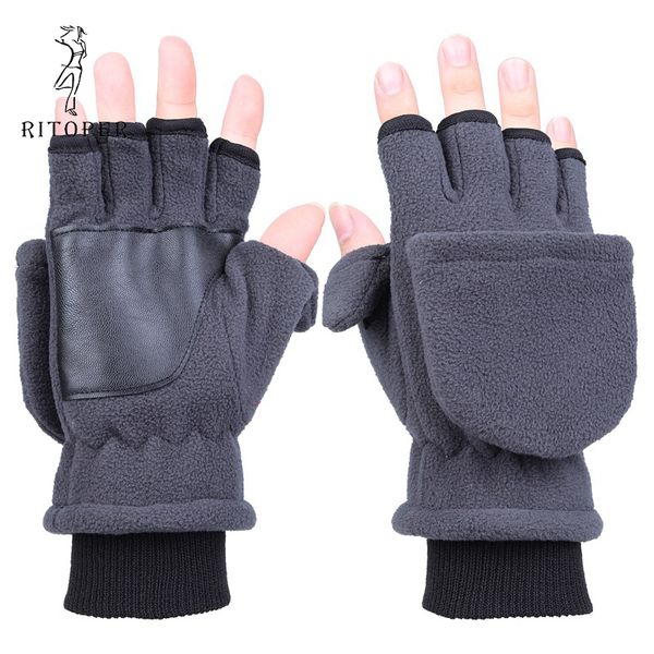 

rir plus thick fingerless gloves winter warm touch screen leather gloves flip half finger all-round protection, Blue;gray