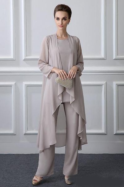 

3 pieces plus size elegant gray chiffon mother of the bride pant suit with long jactet for fall, Black;red