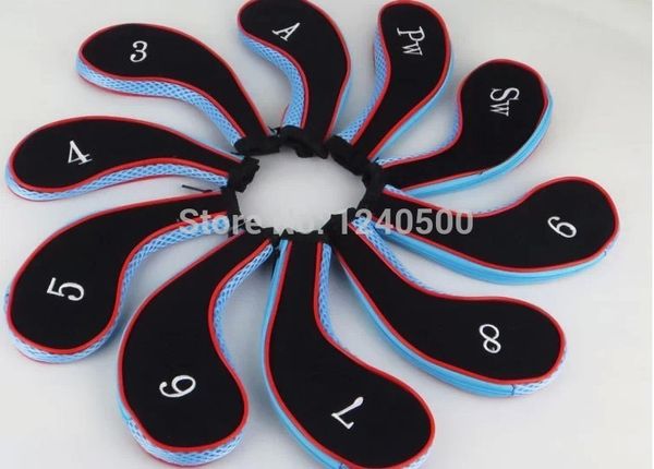 

10 pcs/bag golf club iron covers headcovers protector for golf sport, black and blue