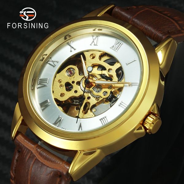 

forsining retro men mechanical watches roman number skeleton leather strap classic automatic wristwatch man, Slivery;brown