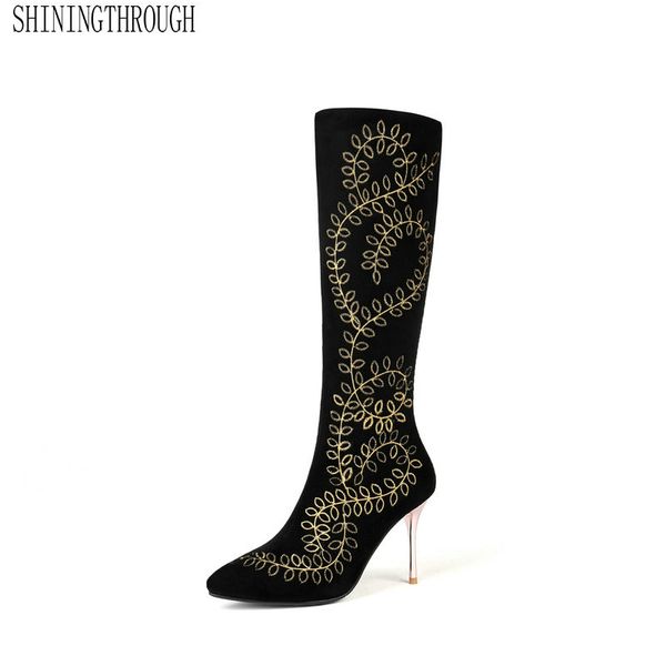 

genuine leather high heel women boots fashion flower knee high women shoes spring autumn dancing party ladies shoes, Black