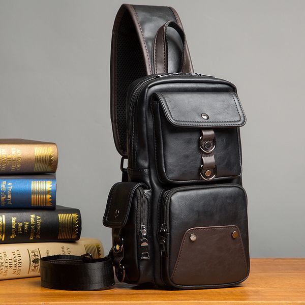 

2020 men's chest bag fashion sports shoulder bags pu leather satchel large-capacity phone pack power bank/ipad wallet bag