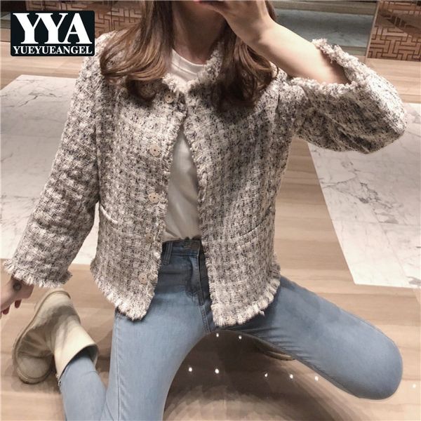 

elegant design new womens blends tweed jackets brand qualities single breasted o-neck spring autumn ladies outerwear coats, Black;brown
