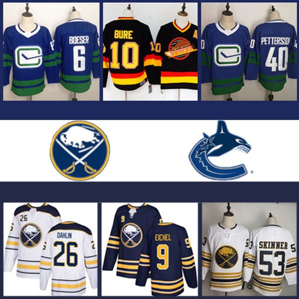 

buffalo sabres jerseys jack eichel rasmus dahlin jeff skinner vancouver canucks brock boeser elias pettersson pavel bure jersey, Black;red