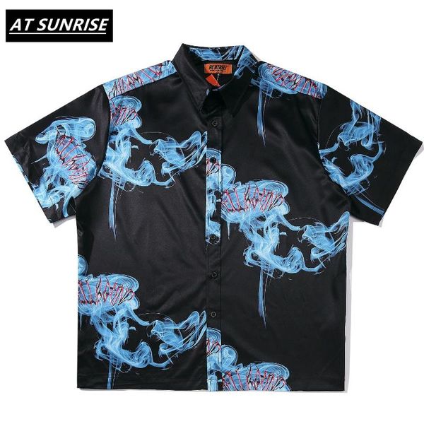 

hawaii blue smoke print beach shirt men harajuku fashion streetwear 2020 vacation casual cotton loose couples short sleeve, White;black