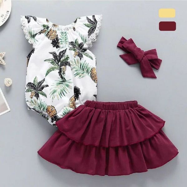 

3pcs infant baby girl clothes ruffle sleeve floral romper tutu dress outfit set, White