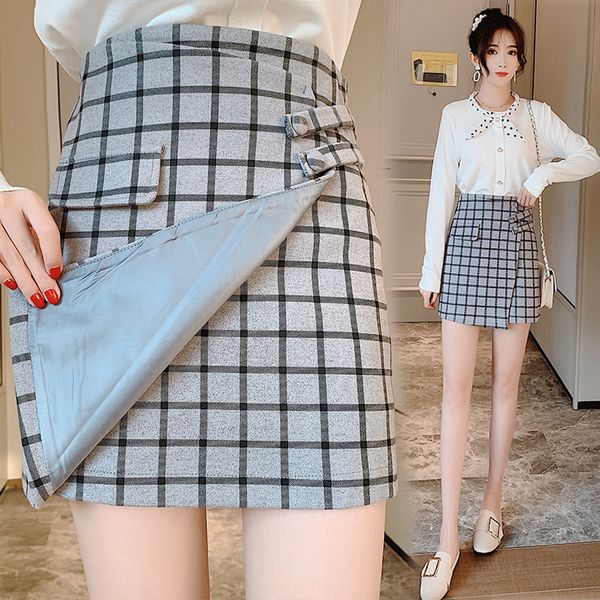 

2019 high waist skirt for women skirts harajuku korean button a-line plaid above knee mini skirt pocket winter skirts women, Black