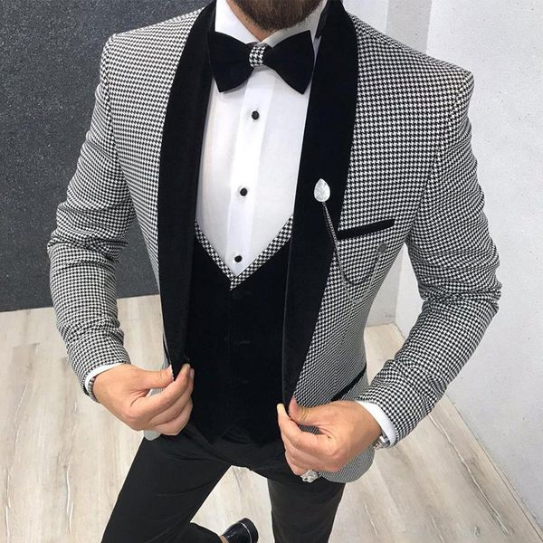 

3 piece houndstooth men suit slim fit for dinner party prom tailor made suit groom wedding tuxedo man jacket pants vest, White;black