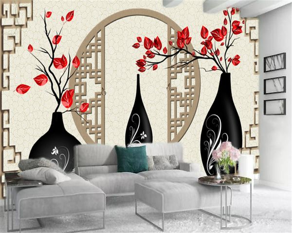 Living 3d Wallpaper Vaso nero Foglia rossa Decorazione d'interni Stampa digitale HD Carta da parati a prova d'umidità