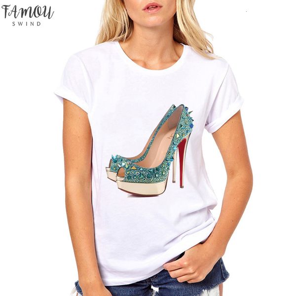 

fashion high heels print funny summer t shirt women vogue princess short sleeve t shirt female, White