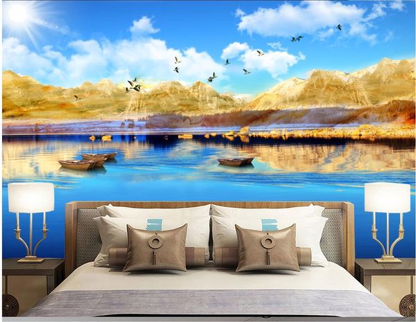 

wdbh custom p mural 3d wallpaper blue sky white clouds mountain lake scenery home decor 3d wall murals wallpaper for living room