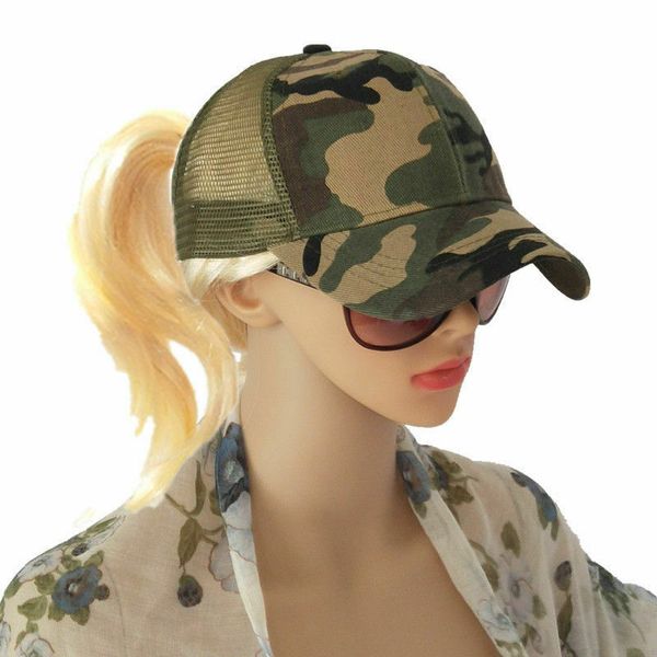 

women baseball cap messy bun ponycap snapback summer mesh camo casual sun hat green, Blue;gray