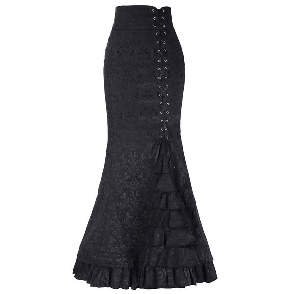 

wrap skirt women high waist long skirt retro mermaid vintage long bodycon ruffle fishtail d90524, Black