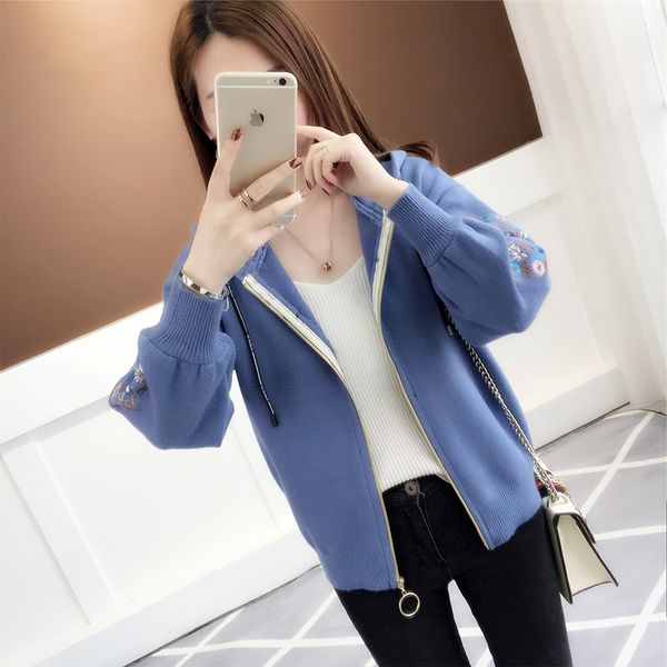 

embroidered knitted jacket, korean zipper, long sleeved baseball suit, 2018 autumn womens short sweater, cardigan, White;black