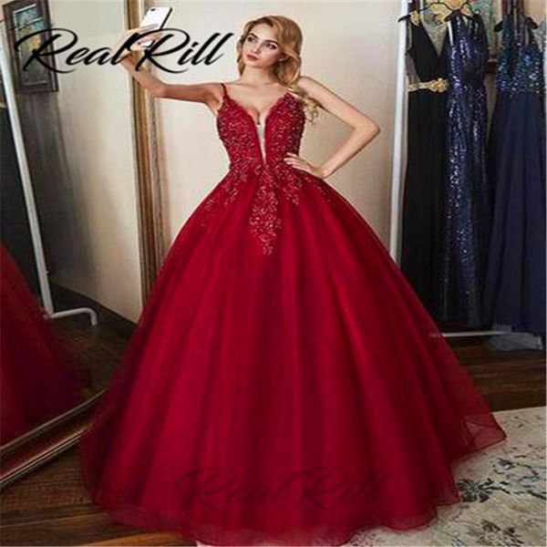 

realrill burgundy spaghetti strap tulle evening dress with beads 2019 v-neck lace floor length prom dress for women custom made, White;black