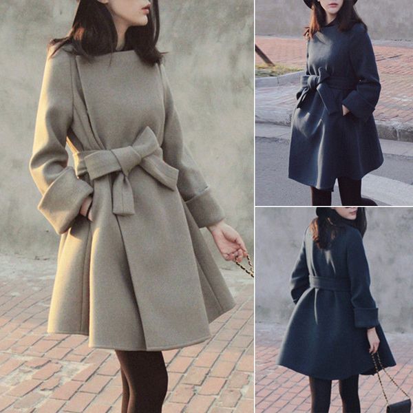 

women's girls fashion coat winter wool outwear long sleeve trench coat jacket, Tan;black