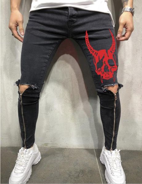 

Mens SKULL Designer Jeans Leg Zipper Holes Biker Skateboard Sports Pencil Pants Pantalones