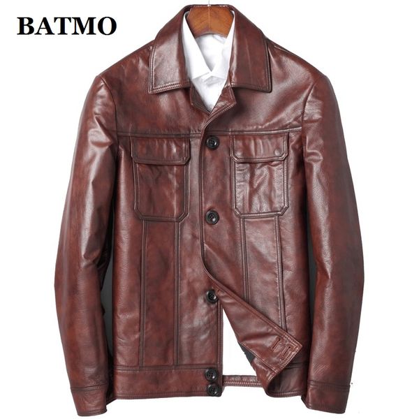 

batmo 2019 new arrival natural cow leather jackets men,men's real leather jackets ,plus-size 901, Black