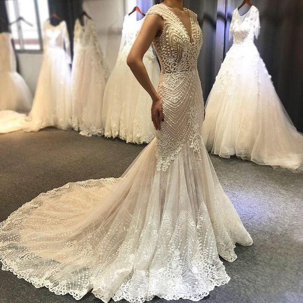 

gorgeous beading mermaid wedding dresses v neck lace appliques sequined bridal gowns robe de mariÃ©e sweep train customized wedding gowns, White