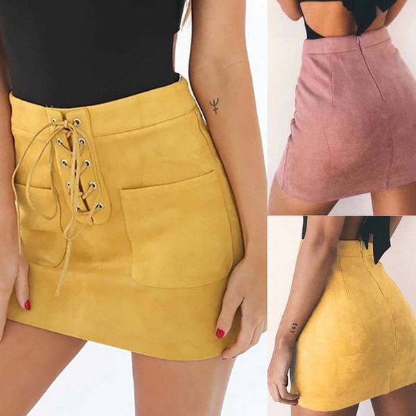 

women leather suede lace up bandage high waist party pencil short mini skirt ladies womens brief solid daily skirts, Black