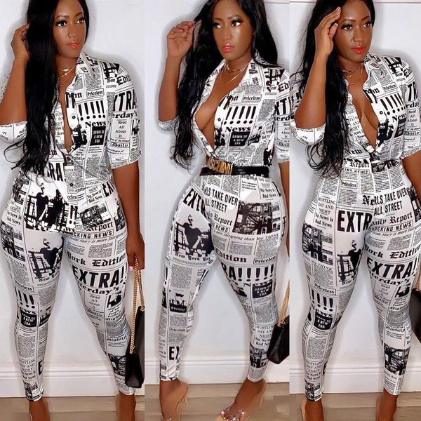 

women's two piece pants sets designer street newspaper printed suit shorts and summer 2 piece fashion shorts, White
