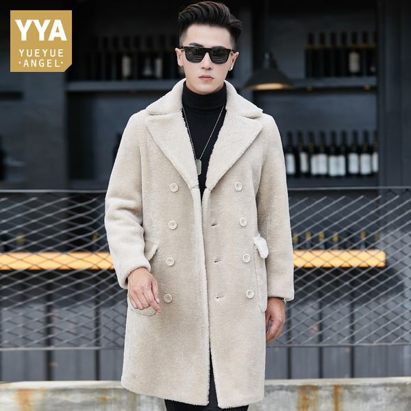 

winter mens double breasted long real fur jacket slim fit warm shearling overcoat reversible office man warm wool outerwear coat, Black