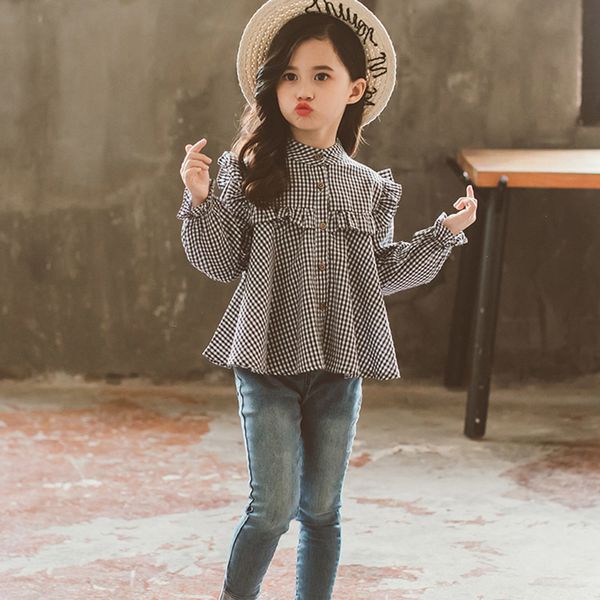 

girls blouse plaid pattern blouse girl in school ruffle blouse long sleeve spring autumn children shirt y200704, White;black