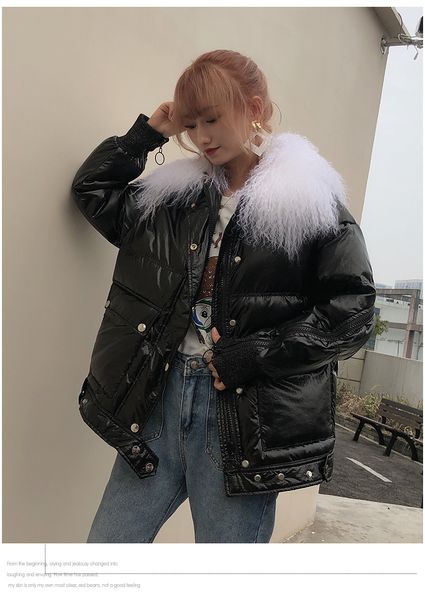 

womens fashion loose bright surface big tibet sheep fur warm winter down coat down parka winter coat womens outwear jacket silver black