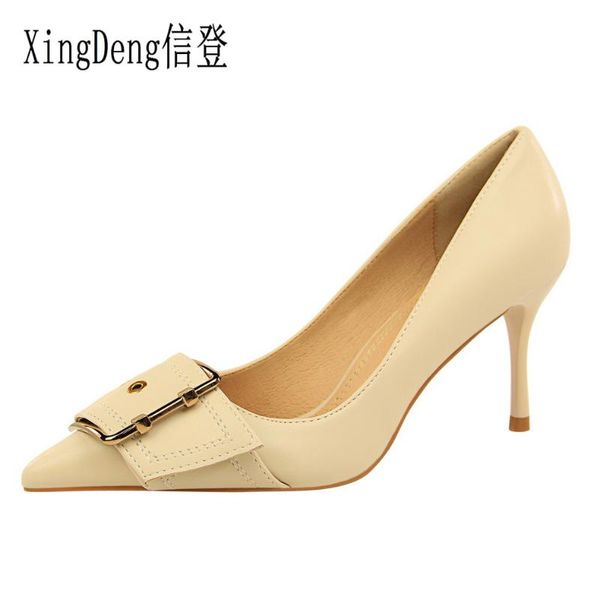 

xingdeng lady pointed metal buckle party dress stilettos shoes women office thin heels pu leather high heels pumps shoes, Black;white
