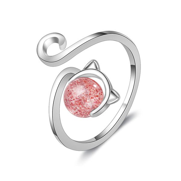 

heart decoration ring female korean version wind small fresh cat ring temperament pink strawberry crystal opening index finger female, Golden;silver